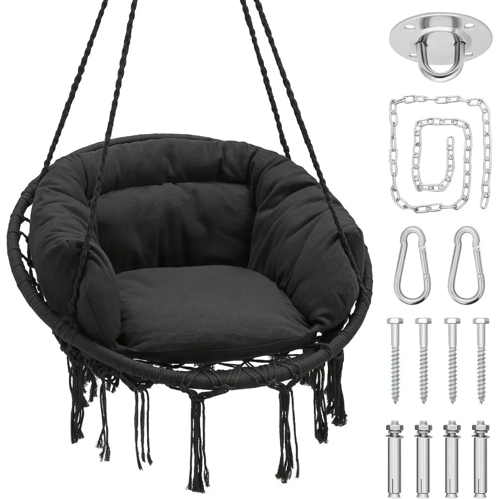 Athena Collection Hammock Swing Chair With Thick Cushions Macrame Rope
