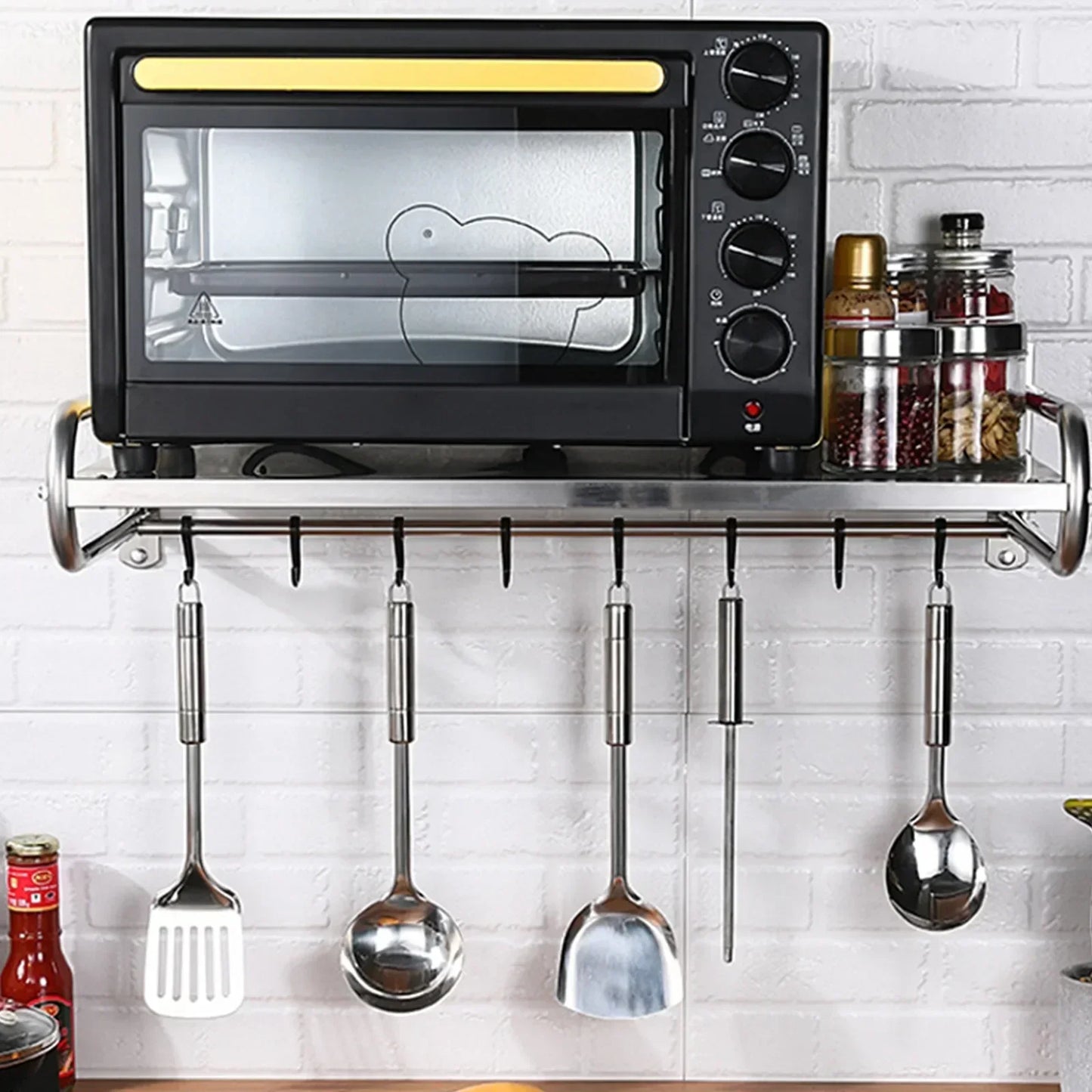 Stainless Steel Microwave Utensils Shelf Wall Mount With 6 Hooks