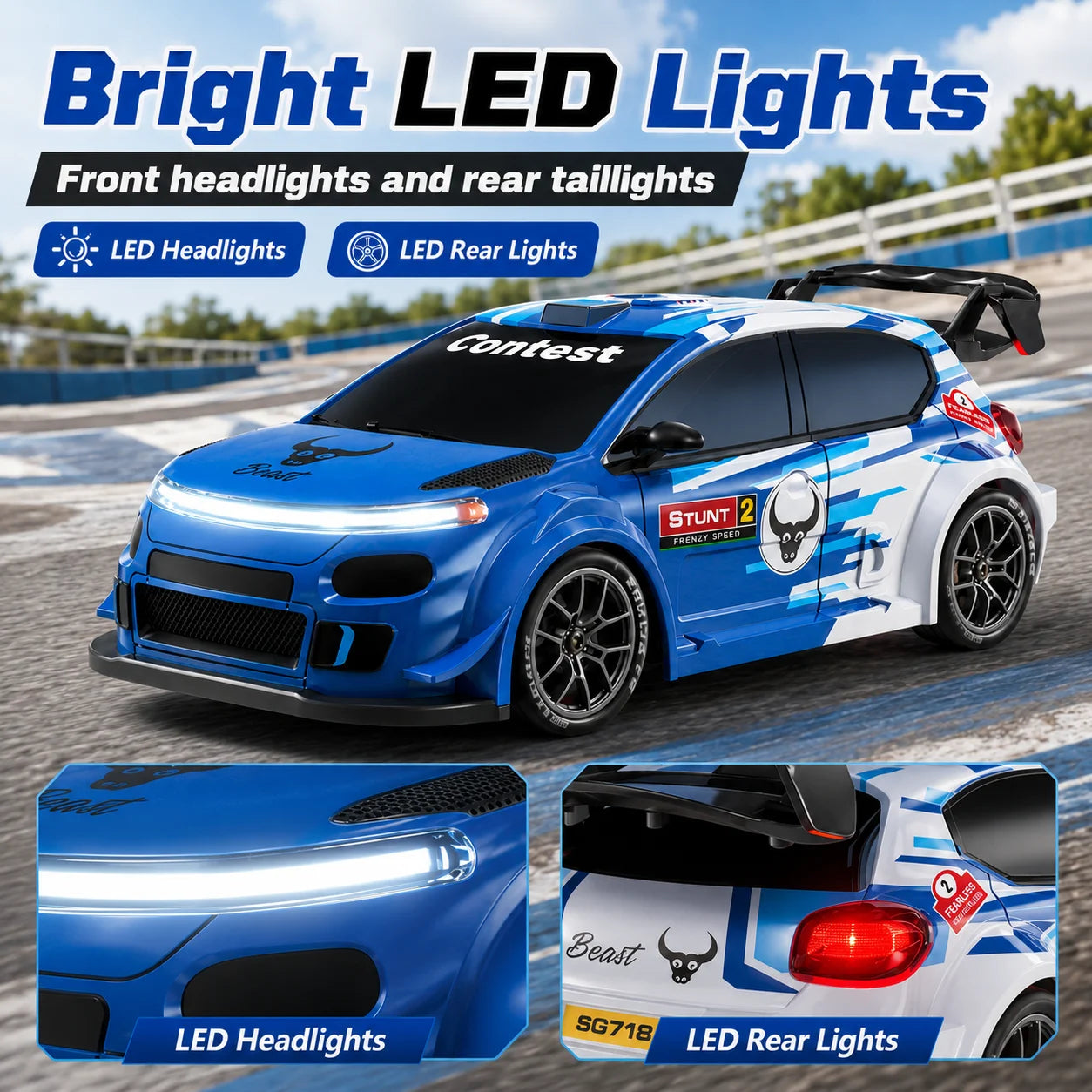 Znlyrion RC Drift Car 4WD With LED Lights And Tires