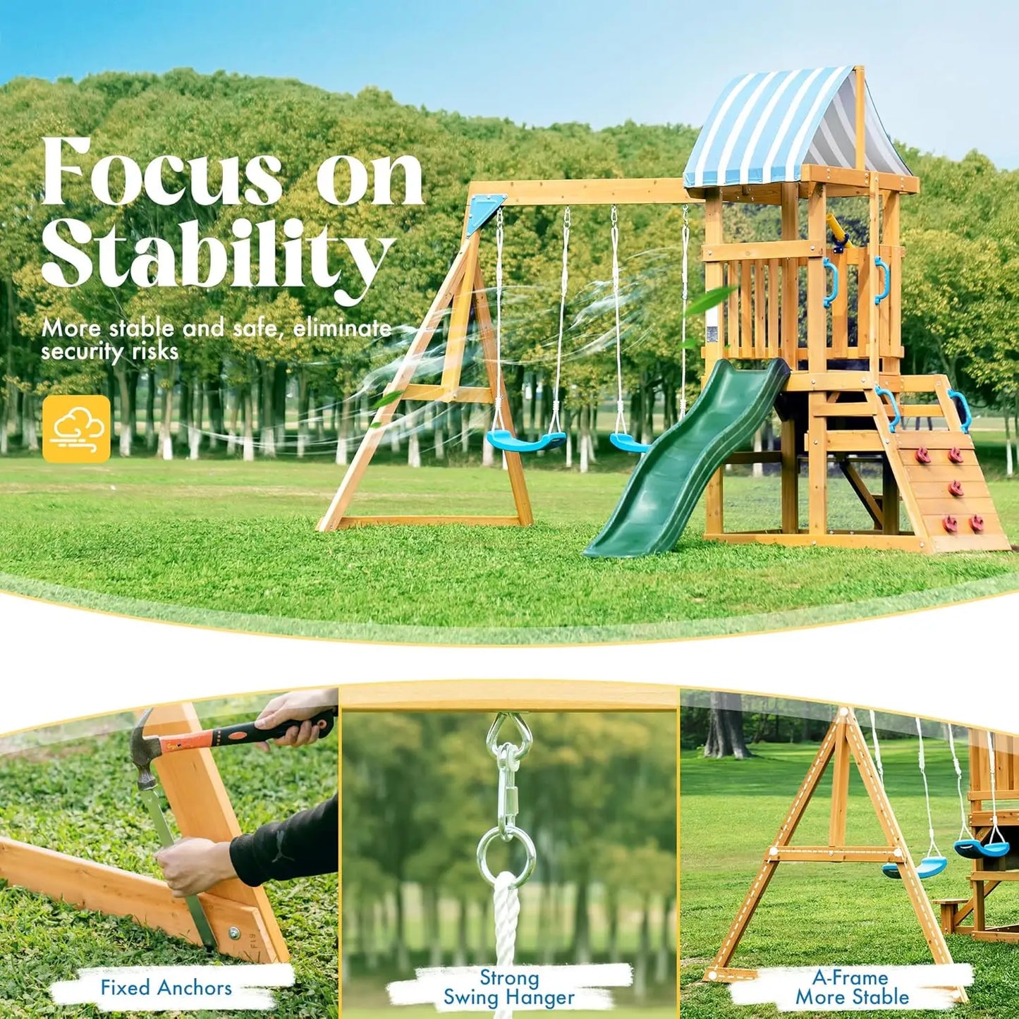 Rolife Robud Wooden Swing Set With Dual Swings Slide Fort