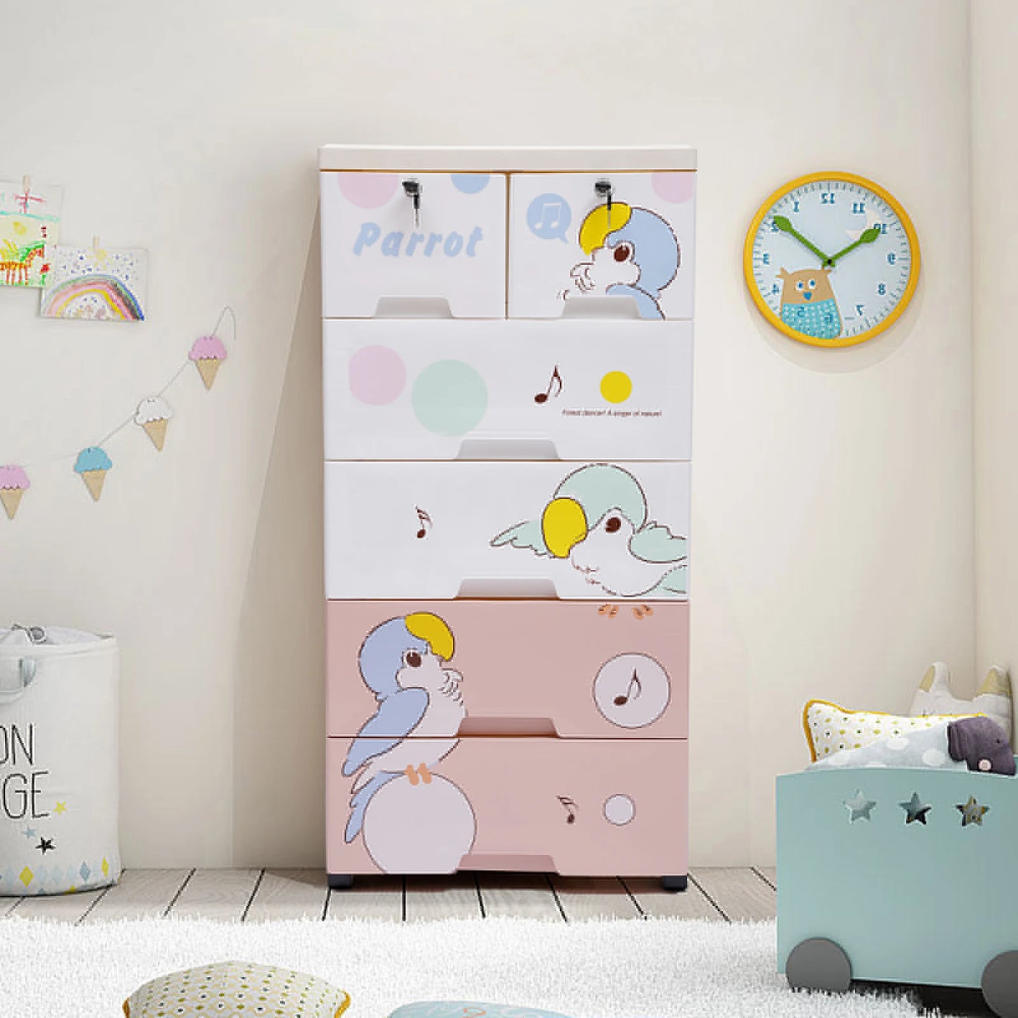 Modern Rolling Parrot Plastic Dresser Storage Cabinet 6 Drawer Organizer