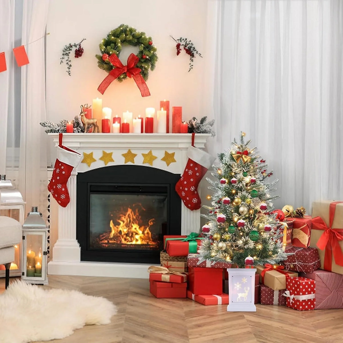 ANIXOL Pre Lit Snow Flocked Artificial Christmas Tree With Elk Base