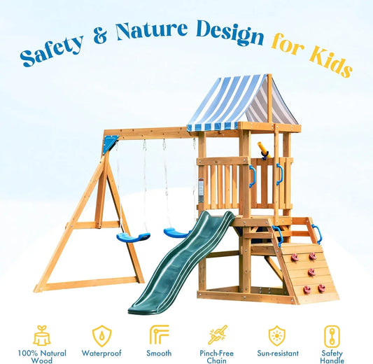 Rolife Robud Wooden Swing Set With Dual Swings Slide Fort