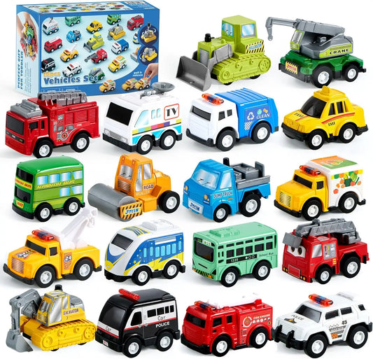 Joyfy 18 Pieces Friction Powered City Cars And Trucks Toy Set For Kids