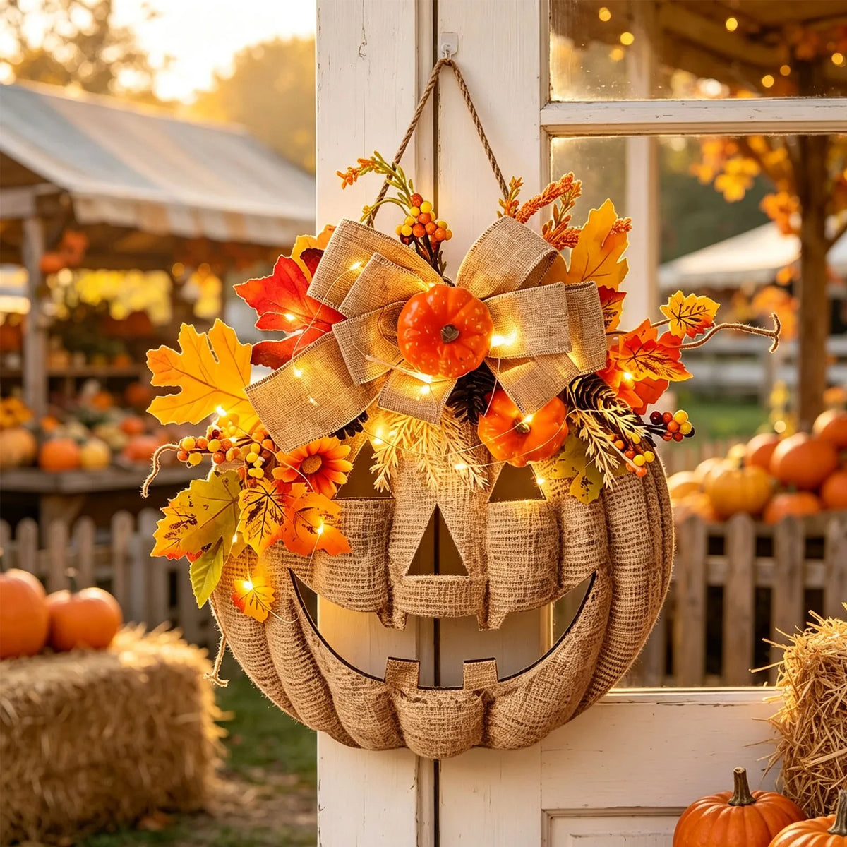 Lighted Burlap Pumpkin Wreath Halloween Door Hanging Decor