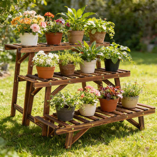 Three Tier Wood Plant Stand Vertical Shelf Indoor Outdoor Balcony