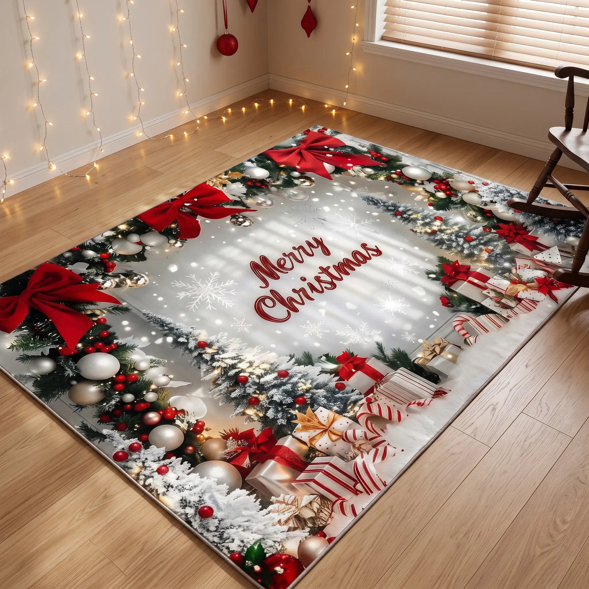 Christmas Wreaths Velvet Rug With Bows And Snowflakes Holiday Decor