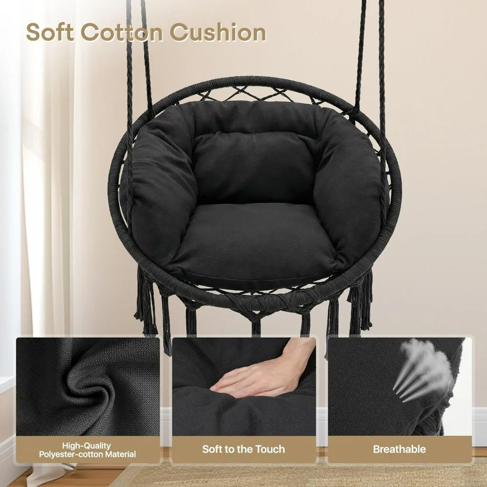 Athena Collection Hammock Swing Chair With Thick Cushions Macrame Rope