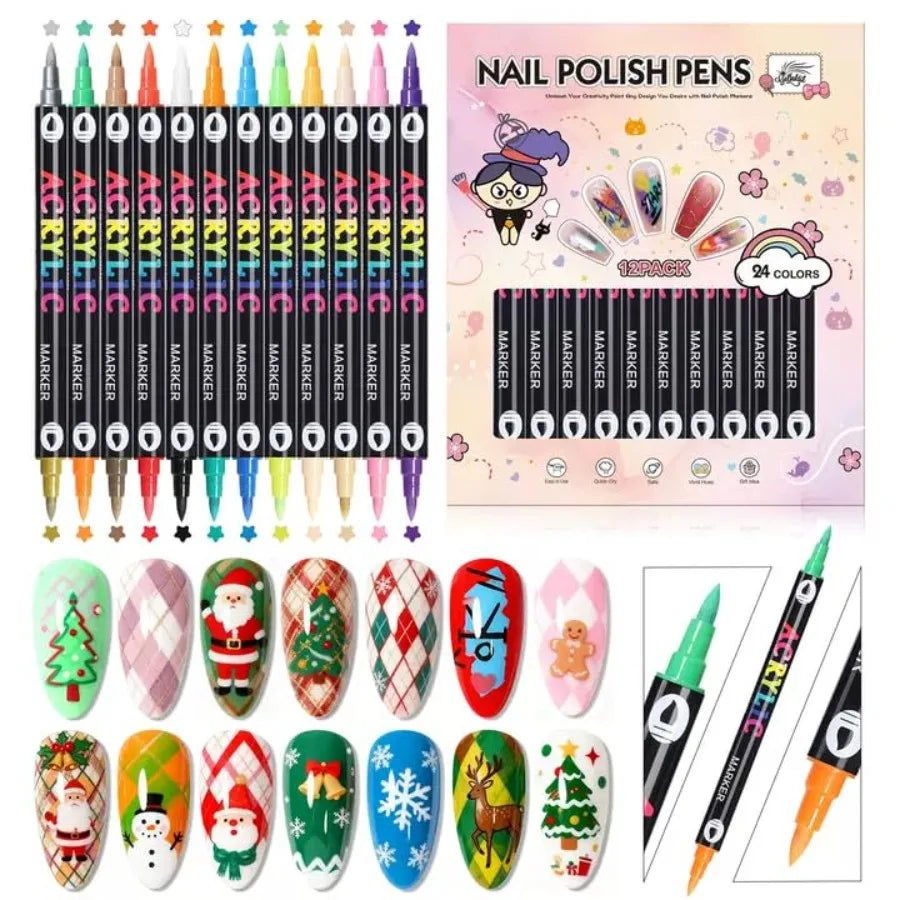 12 Colors Nail Art Pens Set 0.7mm Quick Drying Acrylic Markers For DIY