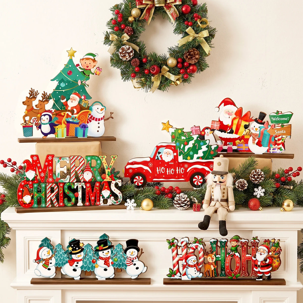 Christmas Wooden Tabletop Ornaments for Festive Holiday Table Decor