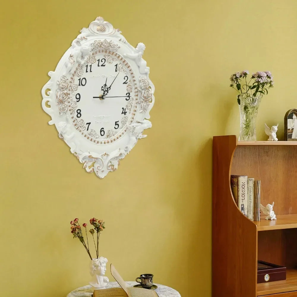 XMSJ Resin Wall Clock Retro Silent Angel And Rose Mural