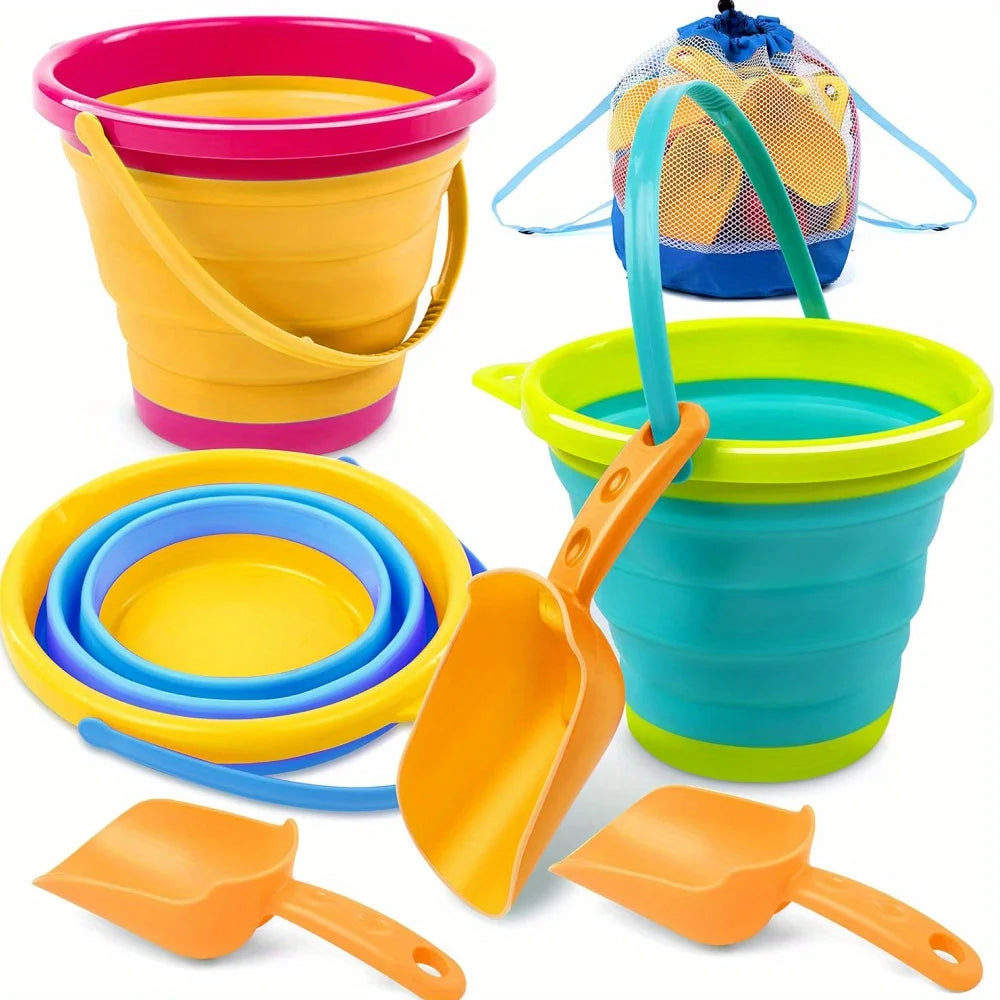Joyfy 3 Pack Foldable Pail Buckets With Shovels Mesh Bag